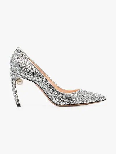 silver Mira 90 glitter pearl heel pumps