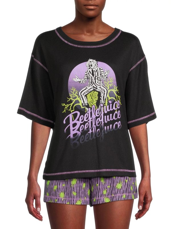 Beetlejuice Women's and Women's Plus Short Sleeve Top and Sleep Shorts, 2-Piece Pajama Set