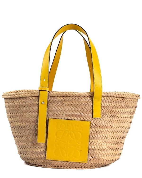 Beige Raffia Anagram Basket Bag (Authentic Pre-Owned) / Gilt