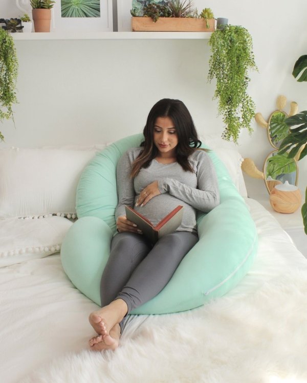 Pregnancy Pillow with Jersey Cover (Mint Green) - C Shaped Body Pillow for Pregnant Women