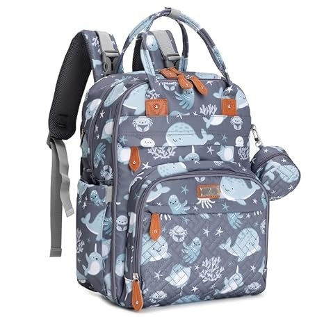 Diaper Bag Backpack - Baby Essentials Travel Tote - Multi function Waterproof Diaper Bag, Travel Essentials Baby Bag with Changing Pad, Stroller Straps & Pacifier Case - Unisex, Sea Animals