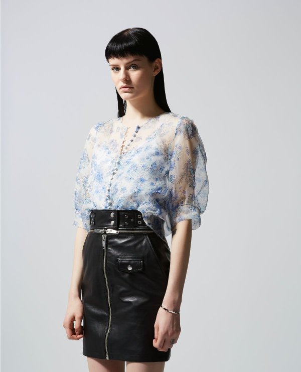 See-through fitted floral top with buttons