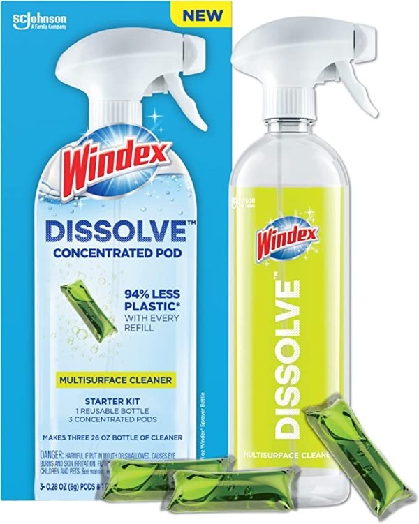 Dissolve Concentrated Pods, Multisurface Cleaner Starter Kit contains 1 Reusable Bottle, 3 Concentrated Dissolvable Pods