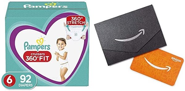 2 Packs of Diapers Size 6, 92 Count - Pampers Pull On Cruisers 360˚ Fit Disposable Baby Diapers with Stretchy Waistband with Amazon.com Gift Card