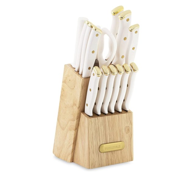 Triple Riveted Knife Block Set, 15-Piece, White and Gold