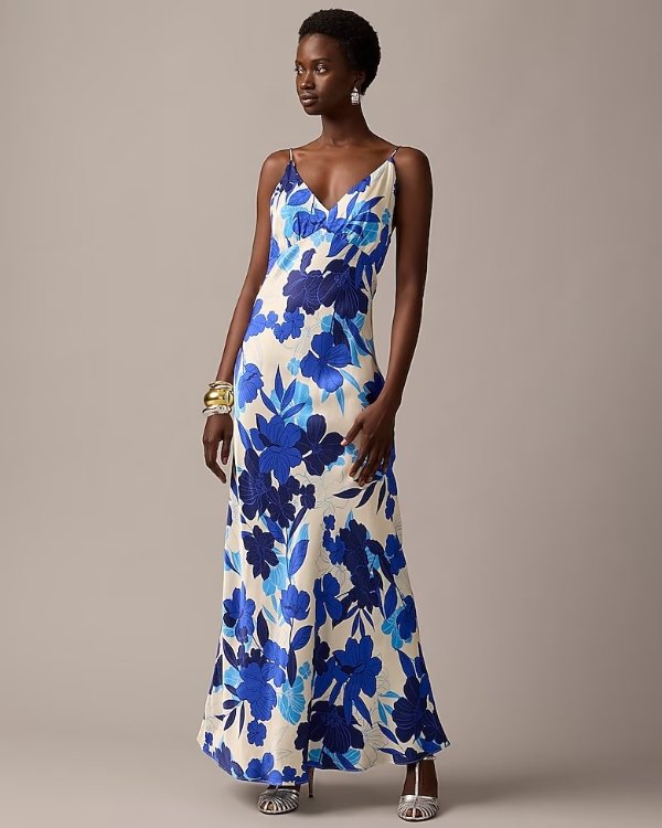 Collection limited-edition full-length luster crepe V-neck slip dress in painted floral print