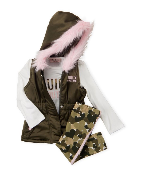 (Toddler Girls) 3-Piece Hooded Vest & Camouflage Leggings Set