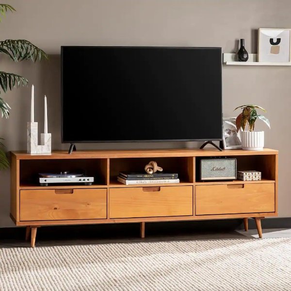 70 in. Caramel Solid Wood Boho Modern 3-Drawer TV Stand Fits TVs up to 80 in.