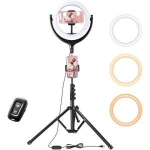 TaoTronics Ring Light with Tripod Stand 2 Phone Holders and Bluetooth Remote Shutter, 3 Lighting Modes, 10 Brightness Levels