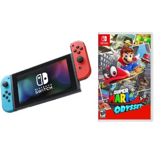 Nintendo Switch Kit with Super Mario Odyssey (Neon Blue & Red Joy-Con)