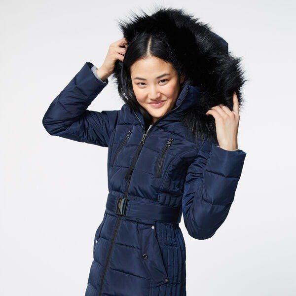 FAUX FUR TRIM HOODED BELTED PUFFER COAT