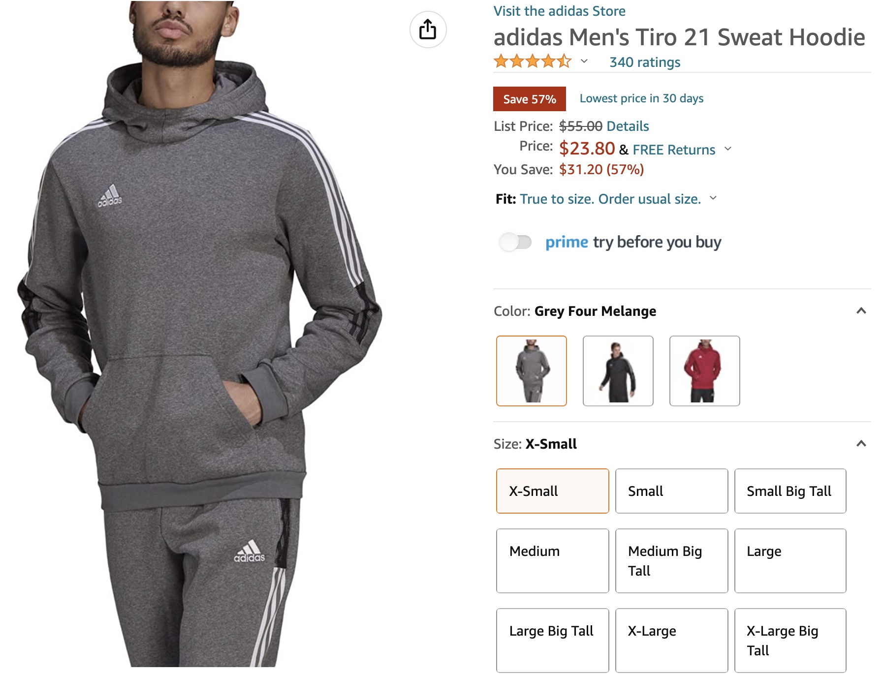 adidas mens Tiro 21 Sweat Hoodie Grey Melange X-Small at Amazon Men’s Clothing store