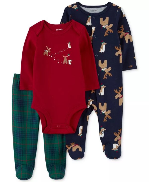 Baby Boys Cotton Reindeer Sleep-and-Play Footed Coverall, Bodysuit and Footed Pants, 3 Piece Set