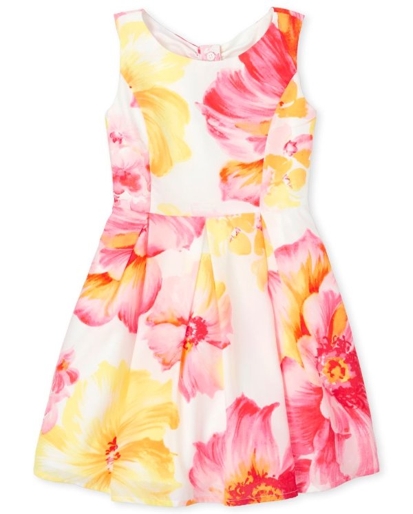 Girls Sleeveless Floral Print Woven Fit And Flare Dress