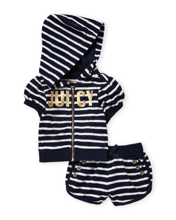 (Infant Girls) Navy French Terry Striped Hoodie & Shorts Set
