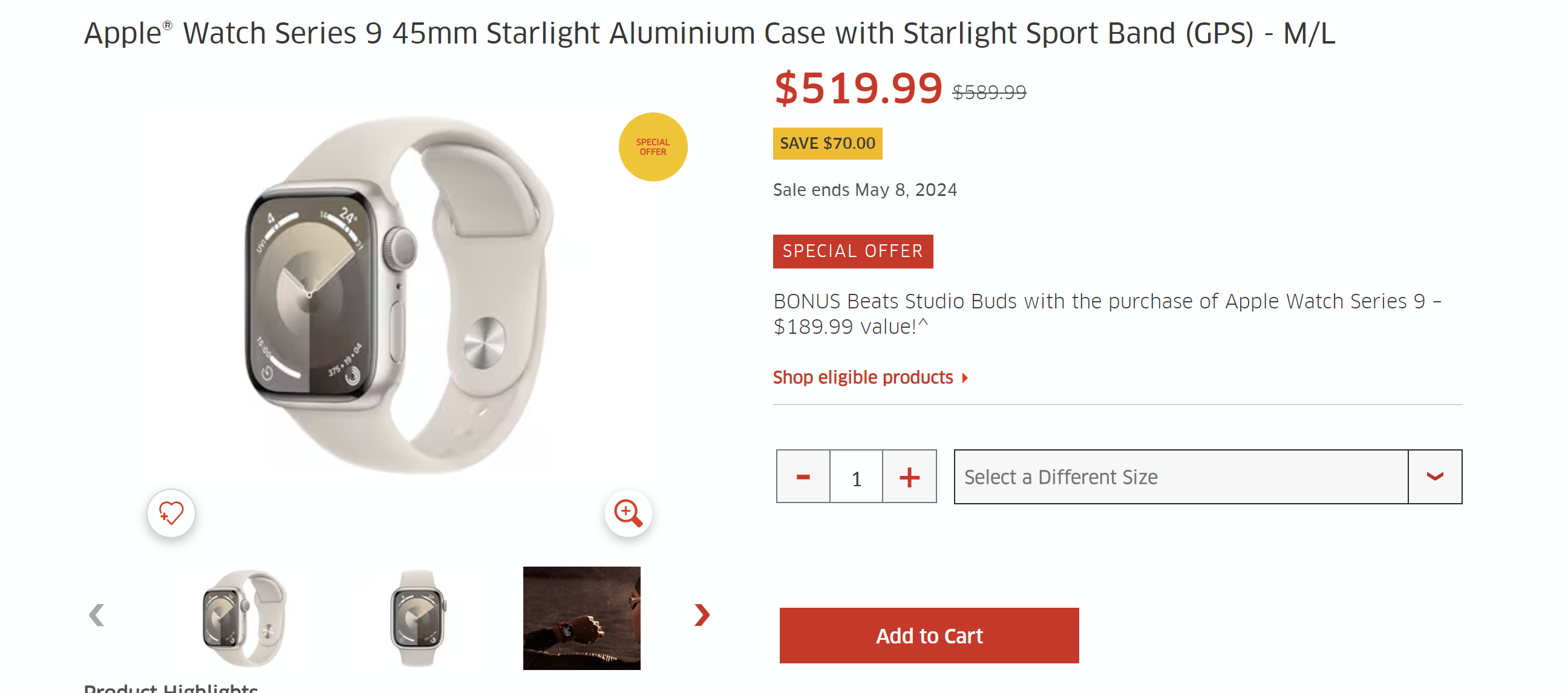 Apple&reg; Watch Series 9 45mm Starlight Aluminium Case with Starlight Sport Band (GPS) - M/L | The Source