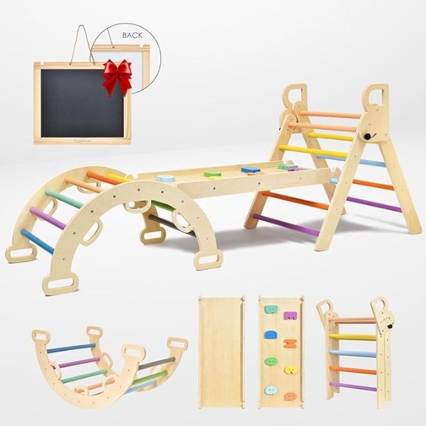 Pikler Triangle Set Rainbow Pikler Climbing Set for Toddlers, Foldable Baby Climbing Toys, Wooden Montessori Climbing Set for 2-6 Years Old, Indoor Playground Jungle Gym for Kids