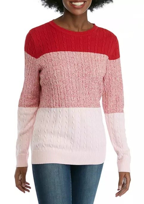 Women's Long Sleeve Color Block Cable Knit Sweater