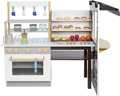 Real Wood Cafe & Bakery Exclusive Wooden Play Kitchen with Realistic Lights Sounds and Dual-Sided Play, 20+ Accessories Set- Gift for Kids, Toy for Girls Boys Ages 3 4 5+ Years