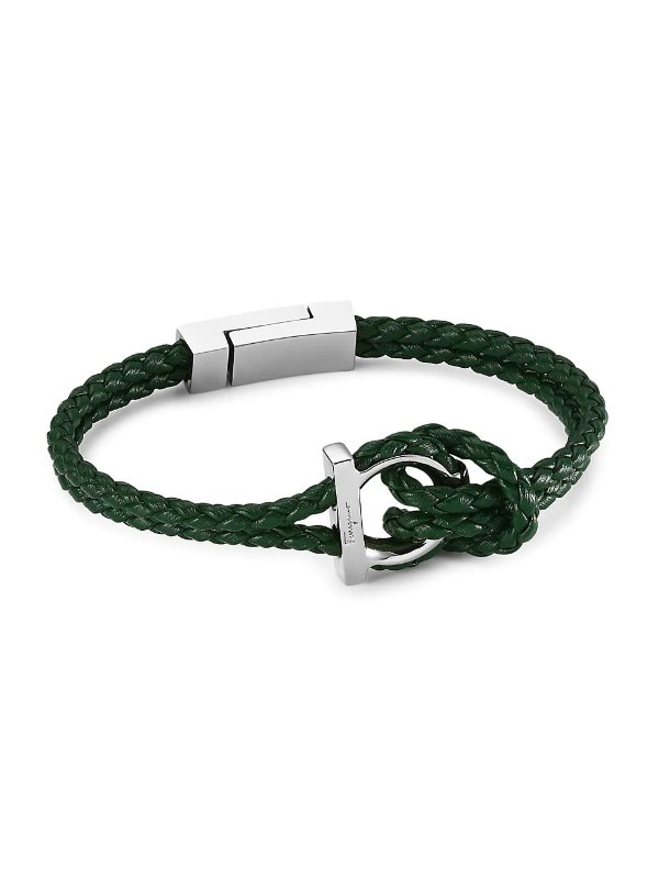 Silvertone & Braided Leather Bracelet