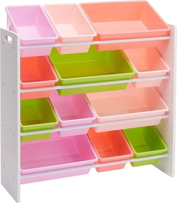 Amazon Basics Kids Toy Storage Organizer With 12 Plastic Bins, White Wood With Pink Bins, 10.9" D x 33.6" W x 31.1" H