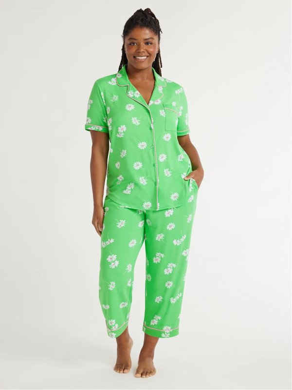 Women's Knit Short Sleeve Notch Collar Top and Capri Pajama Set, 2-Piece, Sizes S to 3X