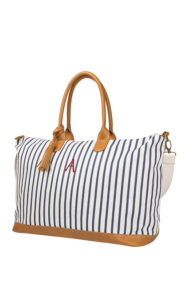 Navy Personalized Striped Weekend Tote - MULTIPLE LETTERS AVAILABLE