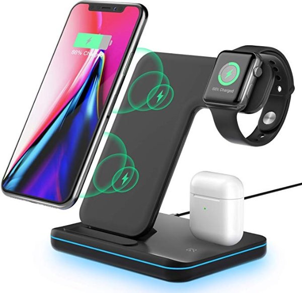 Wireless Charging Station, 3 in 1 Qi Fast Charger for Apple Watch 1 2 3 4 5/Airpods, Wireless Charger for iPhone 11/11 Pro/11 Pro Max/XS Max/XS XR Plus Samsung S10 S9 S8 S7 and Qi-Certified Phones