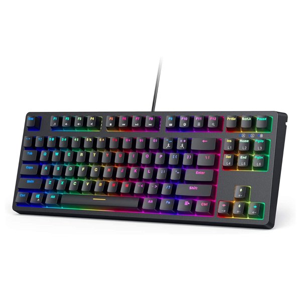 Mechanical Keyboard TKL Gaming Keyboard RGB Backlit with Clicky Blue Switches, Compact 87-Key Tenkeyless Wired Keyboard