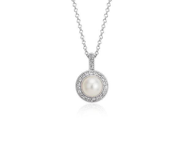 Vintage-Inspired Freshwater Cultured Pearl and White Topaz Halo Pendant in Sterling Silver (6mm) | Blue Nile