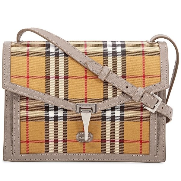 Small Vintage Check and Leather Crossbody Bag- Taupe Brown