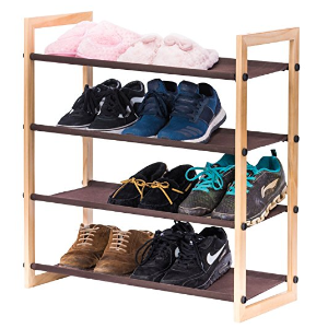 Stackable Wooden Shoe Rack, MaidMAX 4 Tiers Shoe Storage Rack Nonwoven Shoe Shelf Organizer with Wooden Frame for Shoes in Entryway and Hallway, Brown