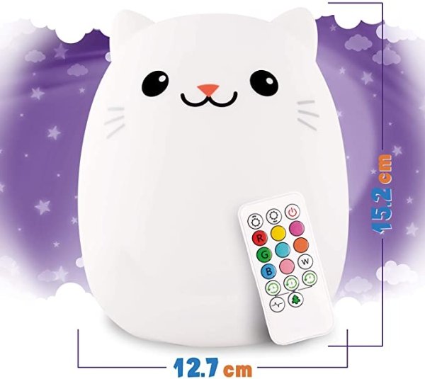 LumiPet Cat Kids Night Light, Huggable Nursery Light for Baby and Toddler, Silicone LED Lamp, Remote Operated, USB Rechargeable Battery, 9 Available Colors, Timer Auto Shutoff