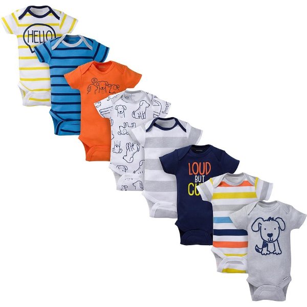 8-Pack Baby Boy Short Sleeve Navy & Orange Bodysuits
