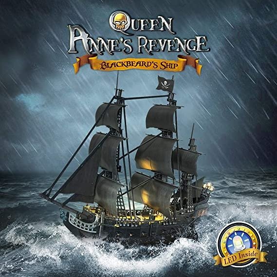 3D Pirate Ship Puzzle for Adults Sailboat Vessel Model Kits with Led Lights, Large Black Queen Anne's Revenge watercraft kit Birthday Gift for Men as Hobby, 340 Pieces