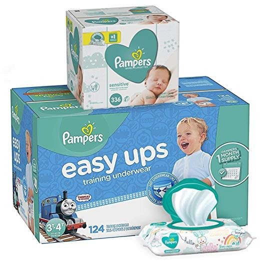 Easy Ups Training Underwear Pull On Disposable Diapers for Boys, Size 5 (3T-4T), 124 Count, ONE MONTH SUPPLY with Baby Wipes Sensitive 6X Pop-Top Packs, 336 Count