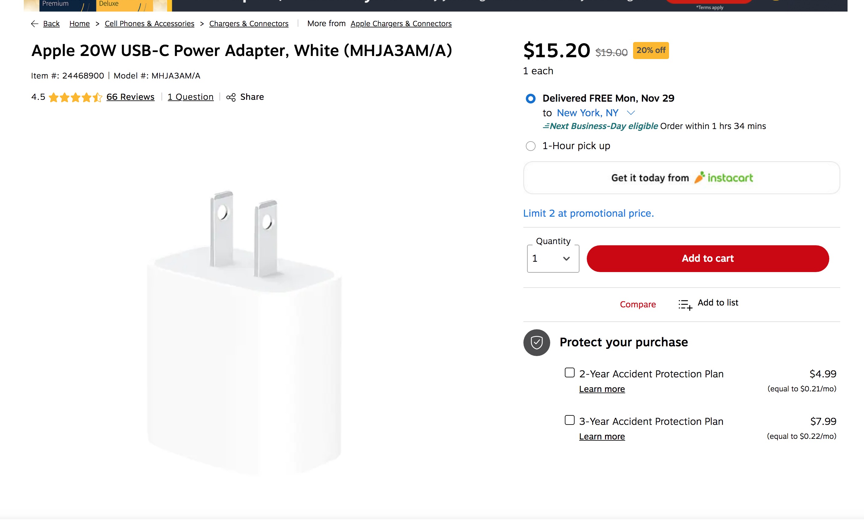 $15.2收原价$19官方Apple 20W USB-C Power Adapter, White (MHJA3AM/A) 快充