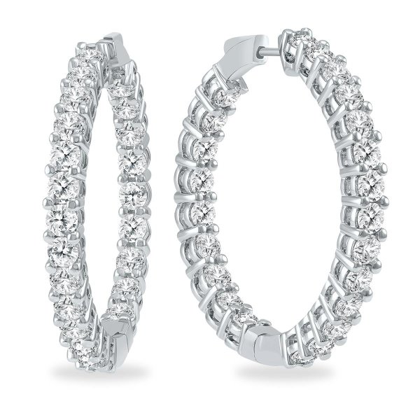 10 Carat TW Round Diamond Hoop Earrings with Push Down Button Lock in 14K White Gold