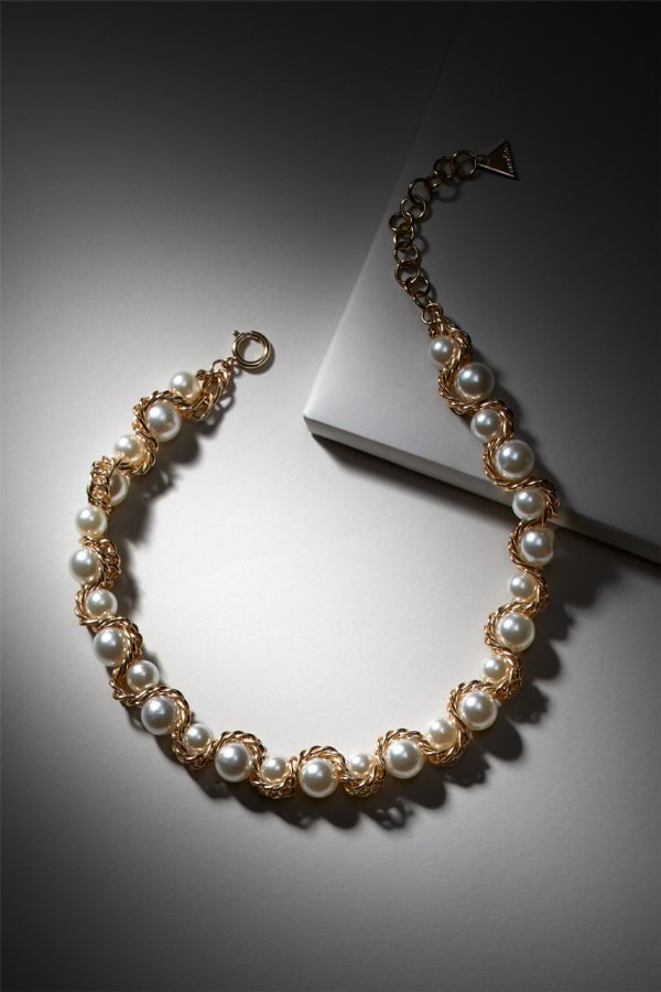 Luxe 14K Gold Plated Woven Metal Pearl Necklace