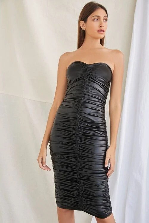 Ruched Faux Leather Tube Dress