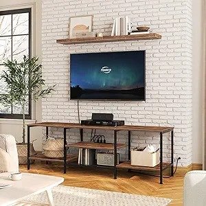 TV Stand with Power Outlets to 75 Inches, TV Console Table with Open Storage Shelves Cabinet, Industrial Media Entertainment Center for Living Room Bedroom, Rustic Brown and Black BF60DS01