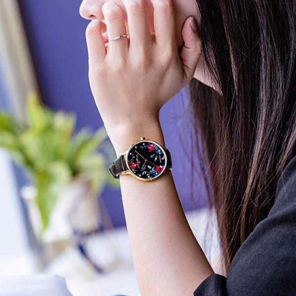 Women Floral Watch Flower Face Genuine Leather Strap Watches for Ladies