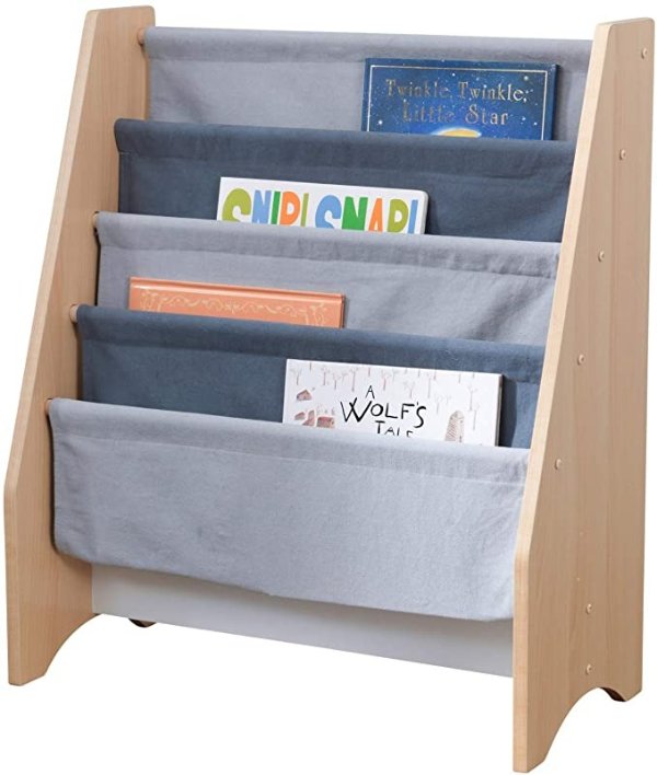 Wood and Canvas Sling Bookshelf Furniture for Kids - Gray & Natural, Gift for Ages 3+