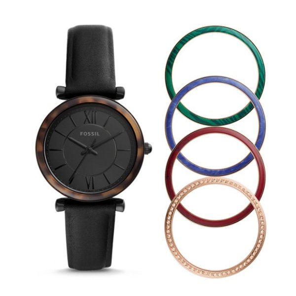 Carlie Three-Hand Black Leather Watch Interchangeable Bezel Box Set