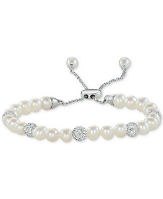 White Cultured Freshwater Pearl (6mm) & Crystals Bolo Bracelet in Sterling Silver
