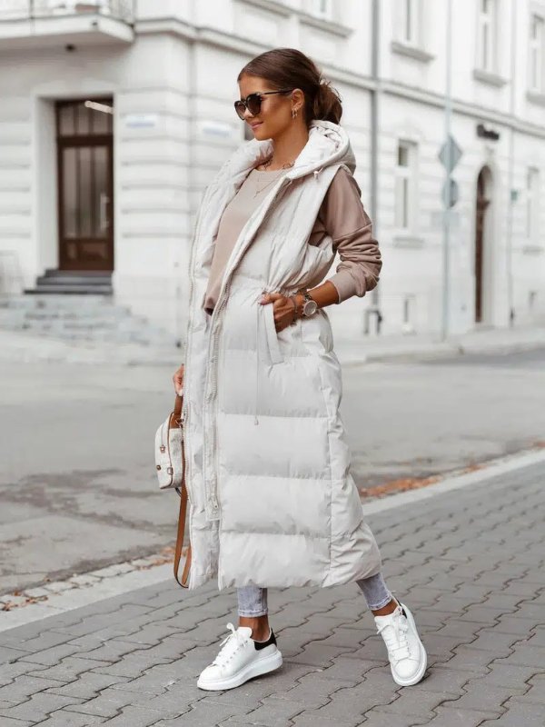 Long Hooded Puffer Vest for Women Zipper Down Jacket Coat Casual Fashion  Winter Coat Cotton Padded Long Waistcoat 