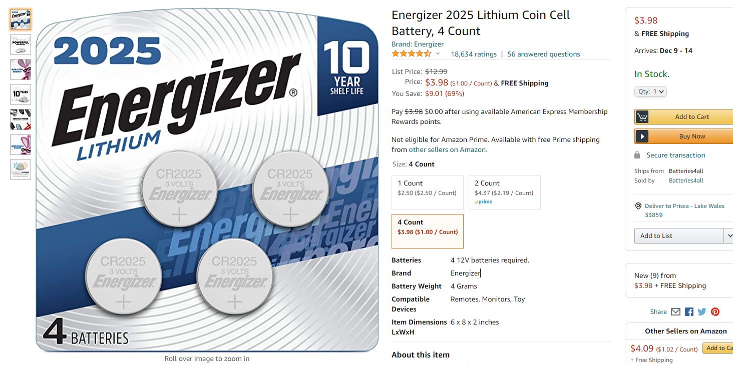 Energizer 2025 Lithium Coin Cell Battery, 4 Count电池