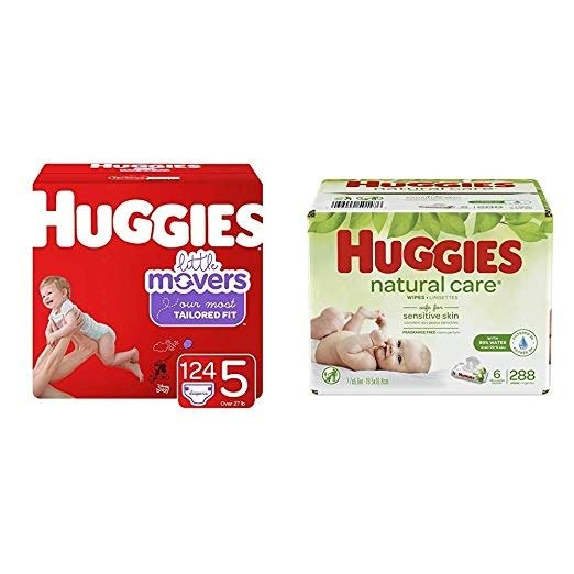 Brand Bundle –Little Movers Baby Diapers, Size 5, 124 Ct &Natural Care Unscented Baby Wipes, Sensitive, 6 Disposable Flip-Top Packs - 288 Total Wipes (Packaging May Vary)