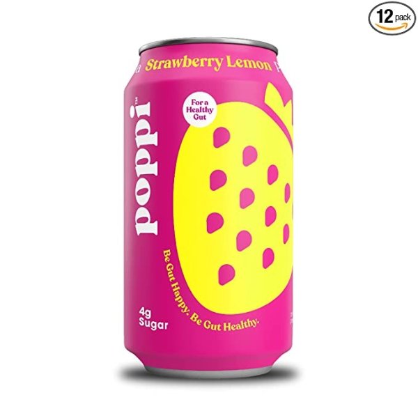 poppi A Healthy Sparkling Prebiotic Soda, w/ Real Fruit Juice, Gut Health & Immunity Benefits, 12pk 12oz Cans, Strawberry Lemonade