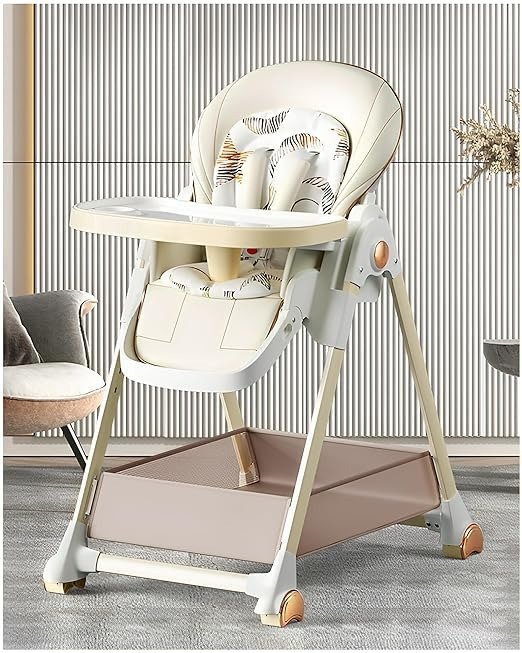 High Chair, Baby High Chair for Babies & Toddlers w/Large Storage Basket, Adjustable Height, Footrest & Recline, Foldable high Chair w/Removable Tray, high Chairs w/Cushion & Wheels, White